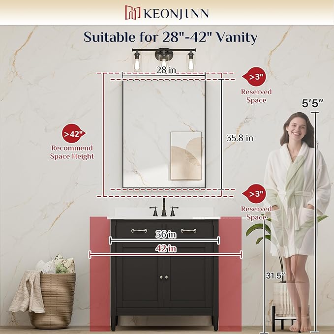 Keonjinn Gold Bathroom Vanity Mirror 28” x 36” Rectangular Wall Mirror Brushed Metal Frame Rectangle Bathroom Mirror for Over Sink Modern Farmhouse Square Corner Framed Mirror(Horizontal/Vertical)