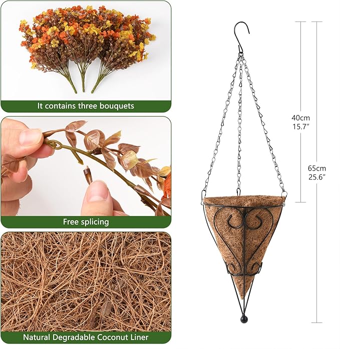 Homsunny Artificial Fsll Faux Hanging Flowers Plants Basket for Outdoor Decoration,Fake Silk Orange Mums planters UV Resistant Look Real for Home Porch Patio Yard Outside Autumn Decor (Yellow Orange)