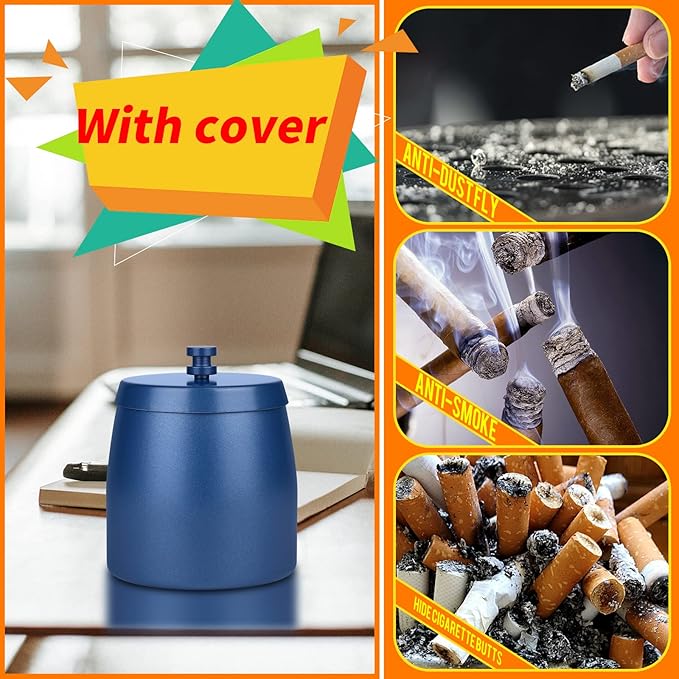 Smokeless Ashtrays for Cigarettes Indoor Outdoor Ash Tray Sets for Cigarettes Outdoor Windproof Cute Home Outside Metal Ashtrays with Lid for Patio, Blue, Medium