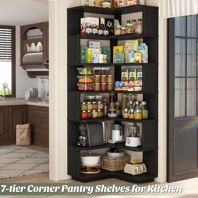 Armocity Corner Book Shelf - 7 Tier Corner Bookshelf Etagere Bookcase with Baffle, Freestanding L Shaped Display Shelf Stand for Home Office, Living Room, Bedroom, Kitchen, Black