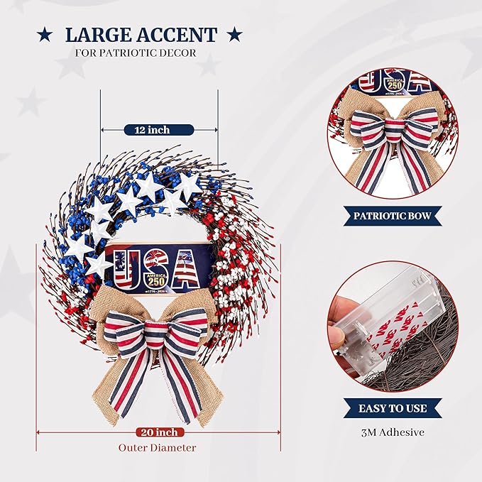 4th of July Wreath, 20 inch Patriotic Wreaths for Front Door, Red White Blue American Independence Day Memorial Day Flag Day 250th Anniversary Patriotic Home Decor Indoor Outdoor