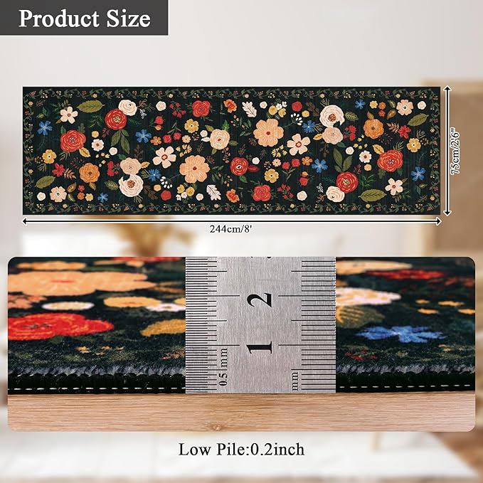 U'Artlines 2'6" x 8' Boho Runner Rug for Hallways Kitchen Colorful Floral Soft Non Slip Washable Floor Carpet Runners for Entryway Laundry Room Bathroom Black Green