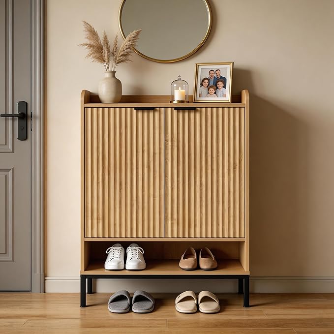 Modern Shoe Cabinet with Fluted Door,5-Tier Farmhouse Shoe Cabinet with 3 Adjustable Shelves,41.5'' Tall Wooden Shoe Rack Organizer Cabinet for Entryway, Hallway,Living Room,Natural