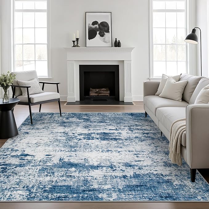 8x8 Area Rug Living Room Rug: Washable Modern Abstract Soft Thin Rug Indoor Floor No Slip Stain Resistant Carpet for Bedroom Dining Room Farmhouse Nursery Home Office - Blue