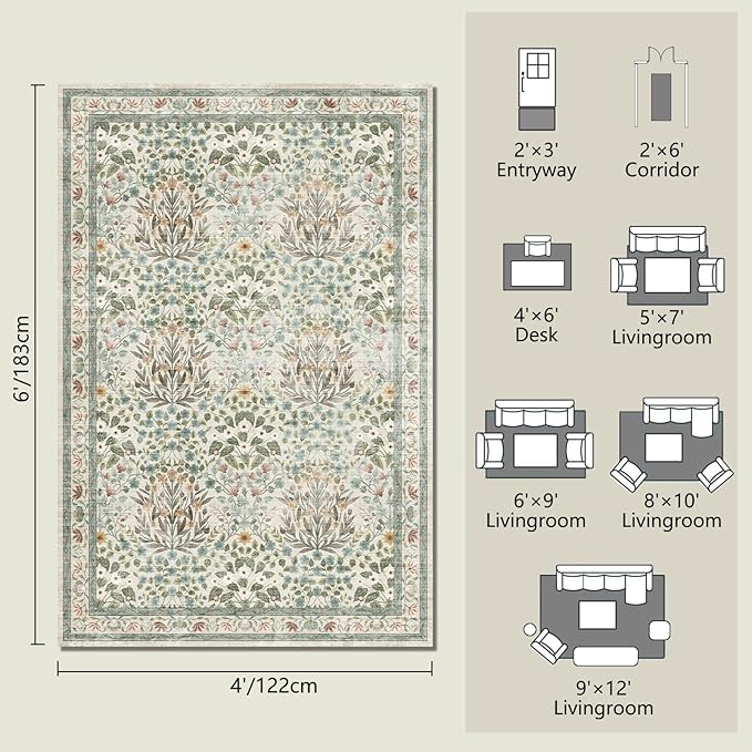 Vintage Washable Area Rug 4x6, Beige & Blue Low Pile Non-Slip Stain Resistant, Distressed Retro for Bedroom Under Bed, Living Room, Nursery, Kitchen & Entryway