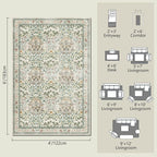Vintage Washable Area Rug 4x6, Beige & Blue Low Pile Non-Slip Stain Resistant, Distressed Retro for Bedroom Under Bed, Living Room, Nursery, Kitchen & Entryway