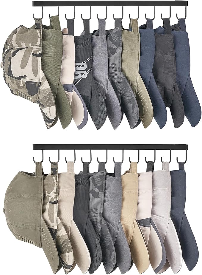 Mkono Hat Rack Wall Mount Set of 2 Hat Storage Organizer for 20 Baseball Caps, Modern Metal Closet Hat Hooks for Wall, Ball Caps Holder Organizer for Bedroom Entryroom Closet Organization, Black