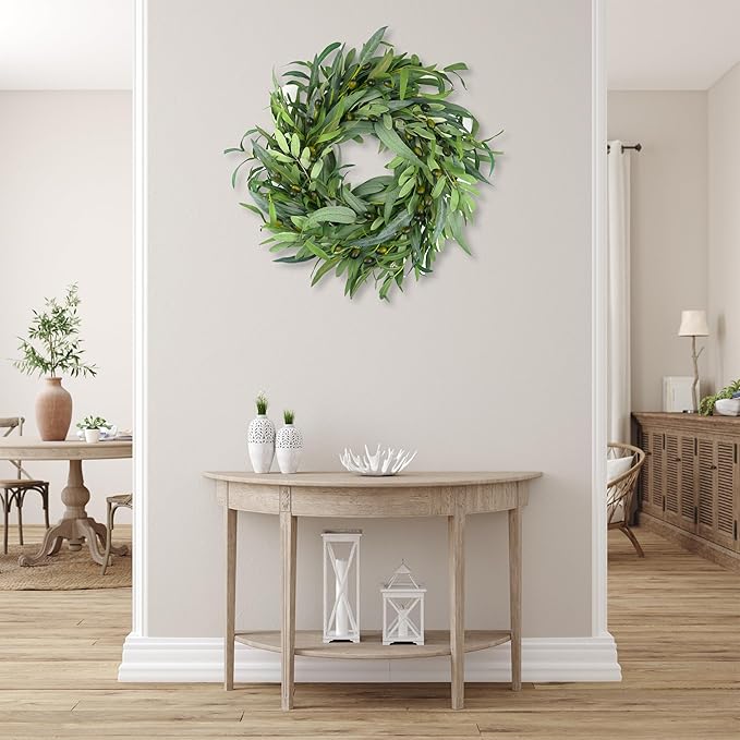 Olive Wreath for Front Door 22 inch, Greenery All Season Wreath with Olive Leaf Fruit, Home Decoration for Outdoor Living Room Indoor Wall and Outside Summer All Season Wedding