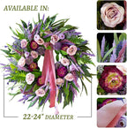 Spring Wreaths for Front Door 24 Inch Luxury Lavender Summer Wreath with Pink Ribbon,Artificial Peony & Rose Spring Door Wreath for Farmhouse Home Wall Porch Window Seasonal Display