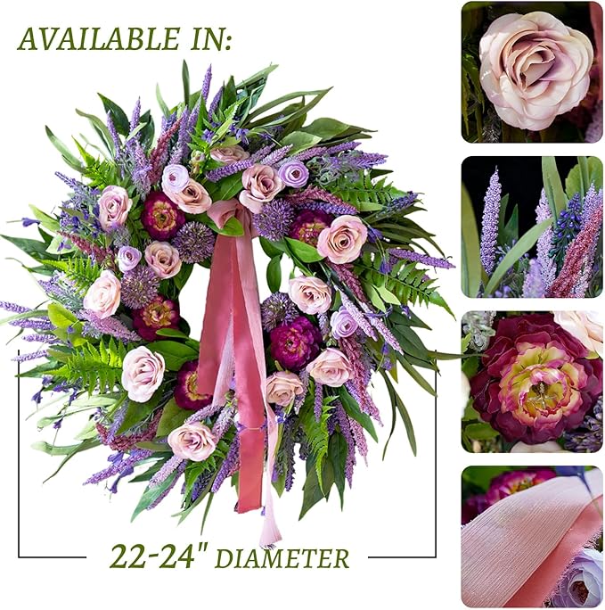 Spring Wreaths for Front Door 24 Inch Luxury Lavender Summer Wreath with Pink Ribbon,Artificial Peony & Rose Spring Door Wreath for Farmhouse Home Wall Porch Window Seasonal Display