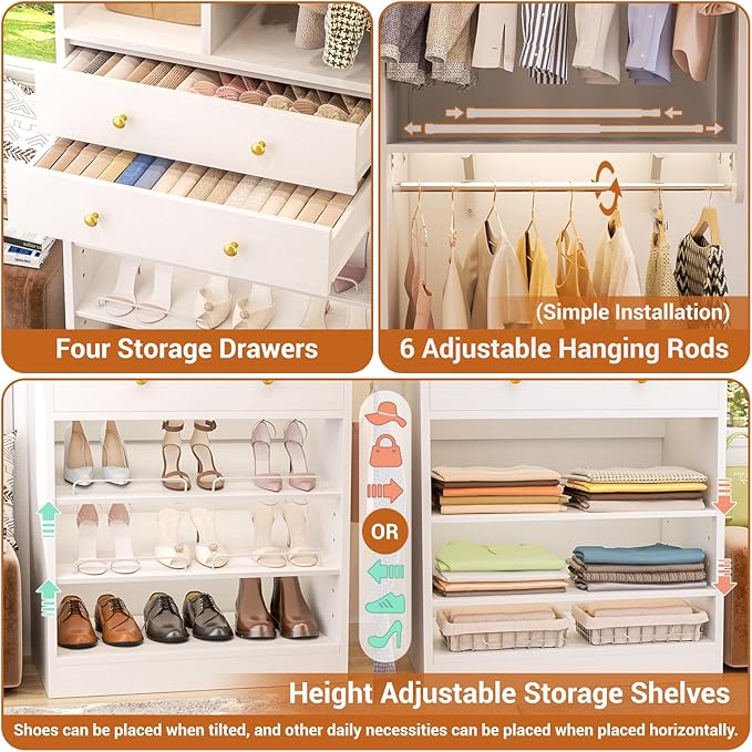 10FT Closet System with 4 Drawers, 120" Closet Organizer System with 6 Hanging Robs & Reversible Shelving, Closet Systems for Walk-in Closets, White
