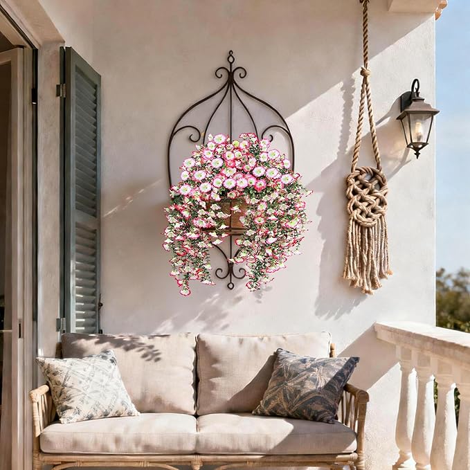Artificial Hanging Flowers for Outdoors, 4 PCS UV Resistant Faux Plants Silk Realistic 150 Morning Glory Each Vines, Fake Plastic Floral for Garden Patio Spring Summer Decor, Pink