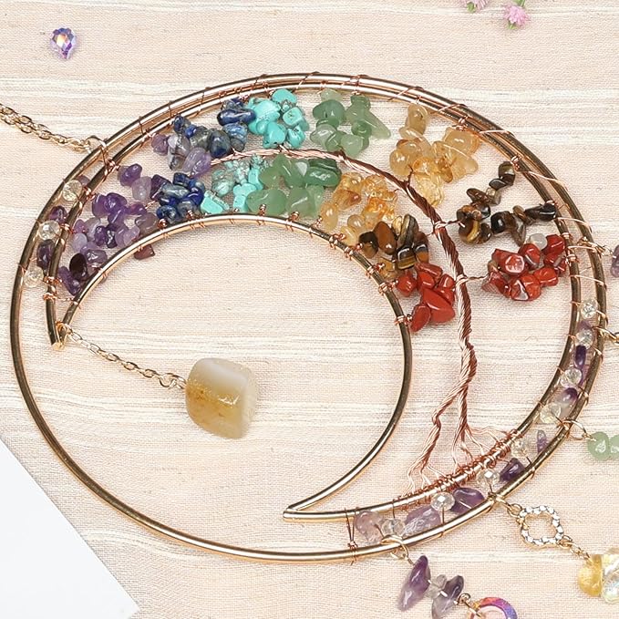 Rainbow Gemstone Dream Catcher 7 Chakras Tree of Life Moon Dream Catchers with Healing Crystal Stones Handmade Suncatcher Dreamcatcher Wall Decor for Adults Living Room,Bedroom,Garden,Bless Gift
