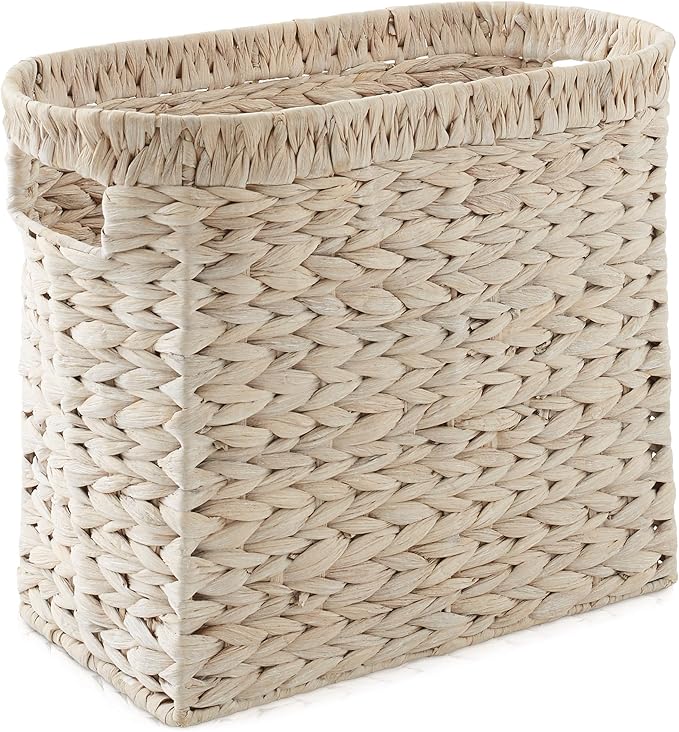 Casafield Woven Magazine Holder with Handles, Whitewash - Water Hyacinth Storage Basket for Bathroom, Living Room, Home Office