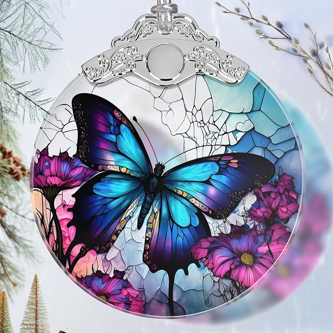 Stained Glass Suncatcher Ornament - Butterfly Christmas Decorations - Christmas Ornaments for Tree - Holiday Present Ideas - Gift Exchange
