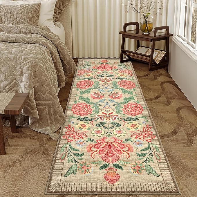 GarveeHome Floral 2.5x8 Washable Kitchen Runner Rugs Non Slip Camel Taupe Brown Vintage Boho Cottage Long Rug for Hallways Bedroom Entryway Bathroom Mat with Rubber Back
