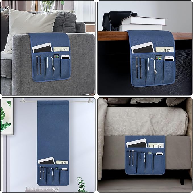 NB Remote Control Holder，Bedside & Armchair & Couch Caddy with Non-Slip Base，5 Pockets Oxford Fabric Bed Desk Storage Pocket for Phone Tablet Kindle Magazines，Gifts for Seniors (Blue， 35"X12.4")