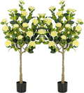 Bellacat 4ft Artificial Camellia Tree with Silk Yellow Flowers, 48in Faux Camellia Plant with Lifelike Trunk, Fake Flower Tree Potted Front Door Plants for Porch Patio Deck Living Room Decor, 2Pack