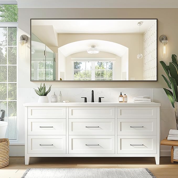 TRAHOME Bathroom Vanity Mirror for Wall, 60" x 30" Metal Framed Rectangular Bathroom Wall Mirror for Over Sink, HD Shatterproof Glass, Hangs Horizontally or Vertically(Black)