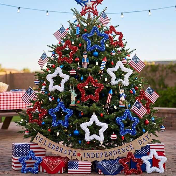 Chuangdi 6 Pcs 4th of July Wreath 250th Anniversary Decoration for Front Door, 11.8 Inch Patriotic Red White Blue Star for Independence Day Wall Window Home Hanging Veterans Memorial Day Party Supply