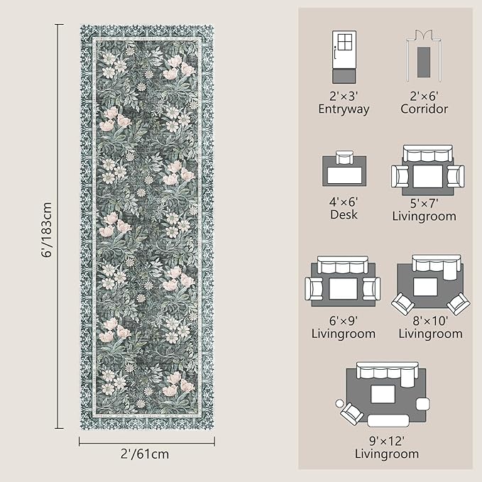 Non Slip Vintage Floral with Ornate Border Hallway Runner Rug - Long Runner Rugs 2x6 Washable Kitchen Floor Mat, Laundry Room Rug, Bathroom Runner