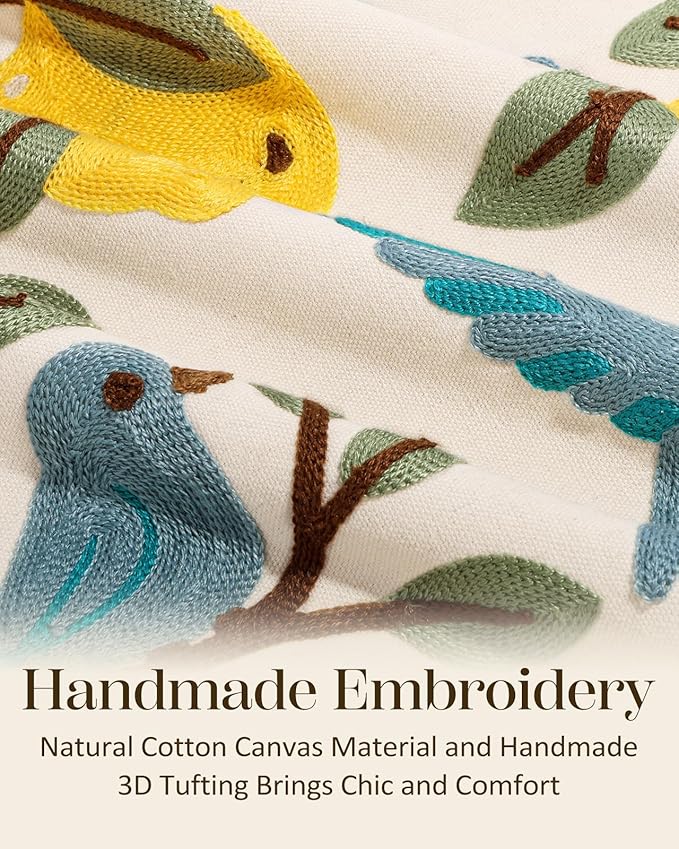 Embroidered Throw Pillow Cover 20x20 Inch - Spring Summer Boho Decorative Pillow Cover with Zipper for Living Room Couch Sofa Bed Aesthetic Design Bird Lemon Cushion Pillowcase