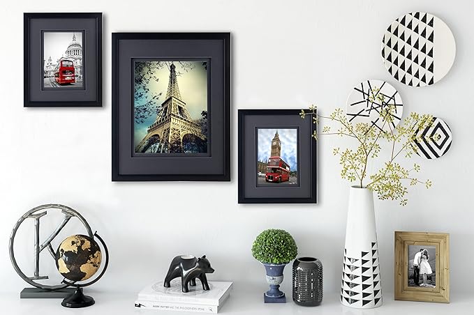Yaetm 8x10 Double Floating Mat Picture Frame Set of 4, Display Picture 5x7 with black Double Mat, Polished High Definition Real Glass, Tabletop & Wall Mounting Photo Frames, Black