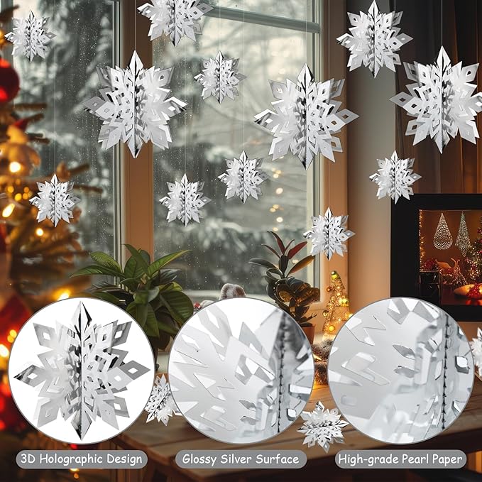OuMuaMua Christmas Snowflake Decorations Indoor, 24PCS 3D Silver Hanging Snowflakes Garland for Winter Wonderland Decor Xmas Christmas Party Baby Shower Holiday Home Decorations