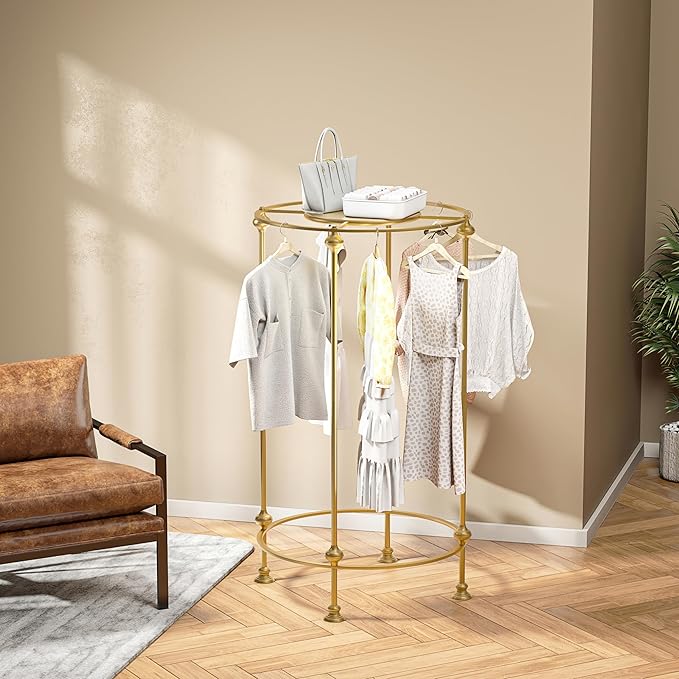 Round Clothes Display Retail Rack, Floor-Standing Heavy-Duty Garment Hanging Rack, Clothing Racks with Topper, Multi-Purpose Clothing Organizer for Boutique Retail Store Laundry Home Gold
