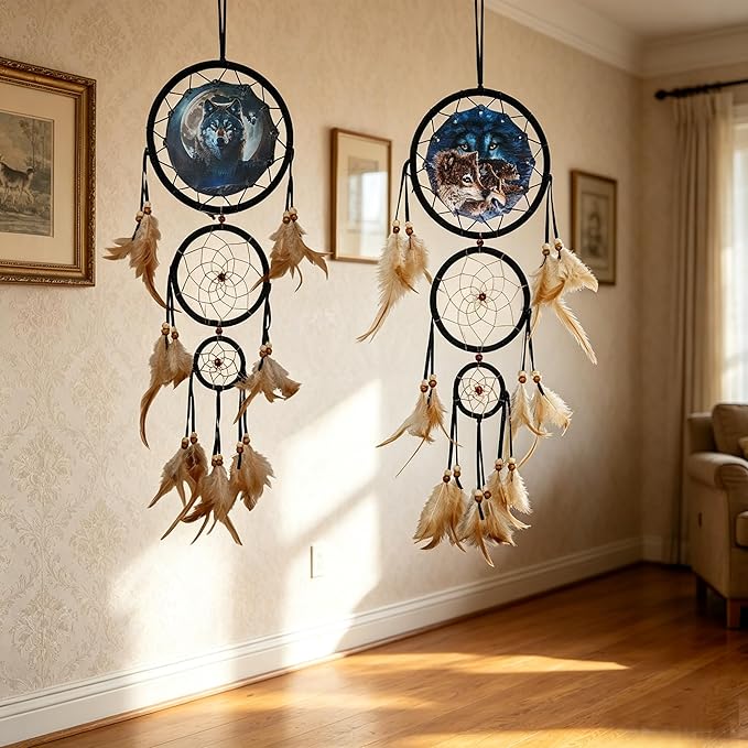 Remorelt Wolf Eagle Bear Dream Catcher Bedroom Wall Decor, Christmas Home Decoration, Room Accessory, White Moon Feather Decoration - Unique Home Craft Wall Pendant (DC25 6Inch Set 2 Wolf)