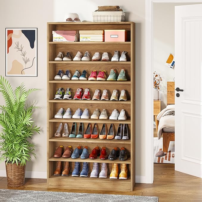 Tribesigns Tall Shoe Cabinet, 9 Tiers 40-45 Pairs Heavy Duty Wood Freestanding Shoe Storage Cabinet, 70.8'' Tall Shoe Cabinet with Open Storage for Entryway (1, Light Brown)