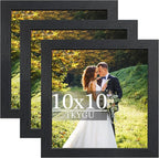 10x10 wood Picture Frame Set of 3, Made of Real Glass for 10x10 Black Frames, Wall and Tabletop Display Photo Frame for Home Décor Gallery Family Wedding Memorial Pic Frame Gift