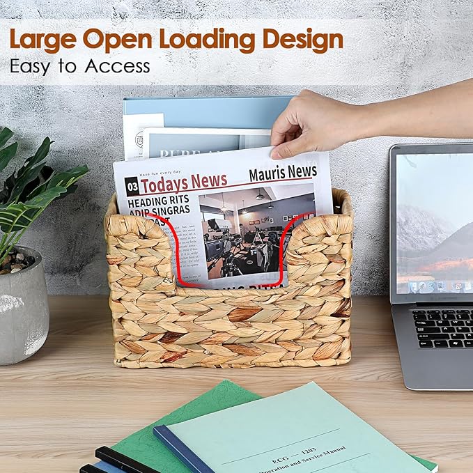 BTSKY Woven Hanging Magazine Holder, Water Hyacinth Magazine Basket, Wall Mounted Storage Basket for Books & Files, Wall File Organizer Magazine Rack with Handle for Home & Office - 11.8x4.3x7.9 Inch