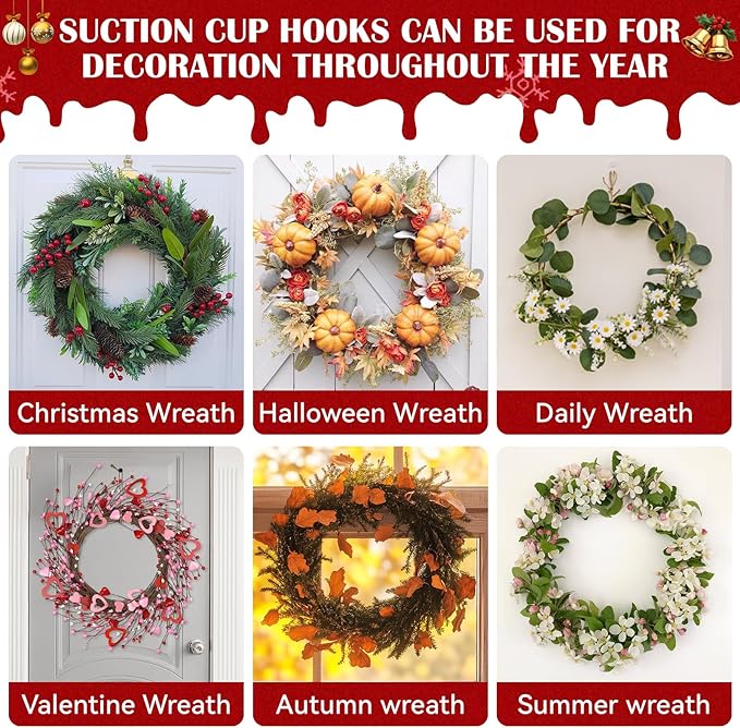 2 Pack Suction Cup Wreath Hangers for Front Door Garland Hanger 11 Lb -22 Lb Suction Wreath Hanger for Glass Door No Drill Suction Hooks for Bathroom Halloween Christmas Decorations (Black)