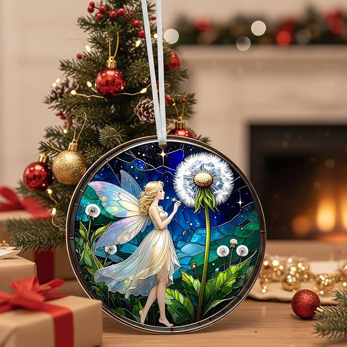2025 Christmas Ornaments, Christmas Tree Ornaments Acrylic, Faux Stained Glass Effect White Elephant Gifts Exchange, Unique Suncatcher Xmas Stocking Stuffers for Women, Men (Fairy)