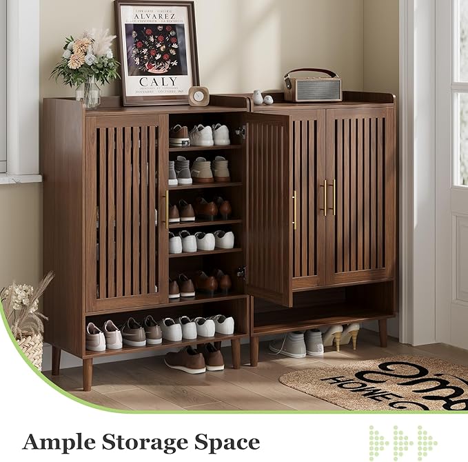 Shoe Cabinet, Large 6-Tier Shoe Storage Cabinet with Louvered 2 Doors, 44" Tall Freestanding Entryway Shoe Cabinet with Adjustable Shelves, Modern Shoe Organizer Cabinet, Shoe Rack Cabinet (Walnut)