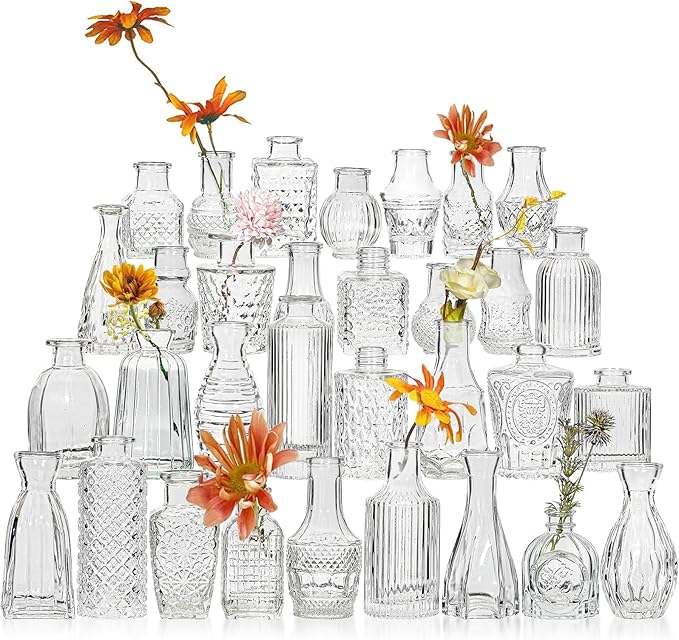 Glass Bud Vase Set of 32 Pcs, Small Glass Vases for Flowers, Clear Bud Vases in Bulk, Vintage Vases for Wedding Centerpieces, Wedding Decorations, Home Table Flower Decor