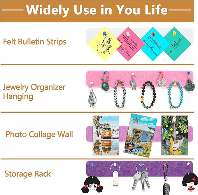 8 Packs Felt Pin Board Bar Strips Bulletin Board for Bedrooms Offices Home Wall Decoration, Notice Board Self Adhesive Cork Board with 50 Push Pins for Paste Notes, Photos, Schedules