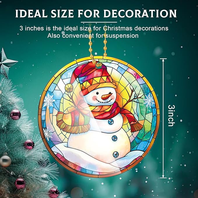 Vercraft 6 Pcs Christmas Tree Hanging Ornament Stained Glass Style Christmas Tree Decoration Xmas Round Window Hanging Art Santa Claus Acrylic Ornament Decorations Gifts (Retro)