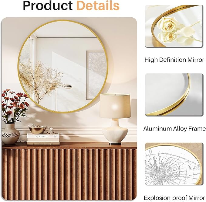 Bathroom Mirror for Wall, 30 Inch Round Mirror, Matte Gold Metal Framed Circle Vanity Mirror for Bathroom Bedroom Living Room Entryway, Anti-Rust, Tempered Glass, Hanging or Leaning