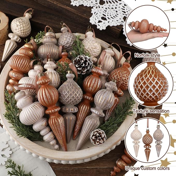 Yunlly 9 Pcs Neutral Christmas Ornaments Textured Christmas Tree Decor with Hanging Loop Modern Brown Hanging Finial Ornaments Shatterproof Home Decor for Xmas Vintage Rustic Farmhouse (Coffee Color)