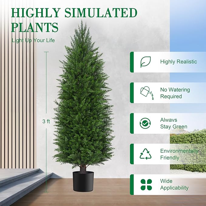 3FT Artificial Topiary Cedar Plants Outdoor, Faux Pine Trees UV Resistant and Potted, 36 Inch Tall Fake Shrubs Evergreen for Front Porch Decor Set of 2