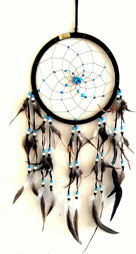 OMA Black Dream Catcher – Large Black Suede Dream Catcher with Turquoise Stones and Feathers, Traditional Dreamcatcher for Bedroom, Living Room, Dorms & Gift, Size - 28” x 9”