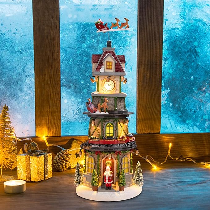 Christmas Village Houses Christmas Collectible Buildings Bell Tower with LED Lights,Xmas Vacation Village Musical with USB Indoor Display Figurines Decoration