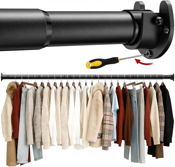 Closet Rods for Hanging Clothes with Screwdriver, 17 to 28 Inch Stepless Adjustable Closet Rod Heavy Duty, 1.3 Inch Clothes Hanging Rod Metal Closets Pole Bar for Wardrobes Laundry Bathroom RV, Black
