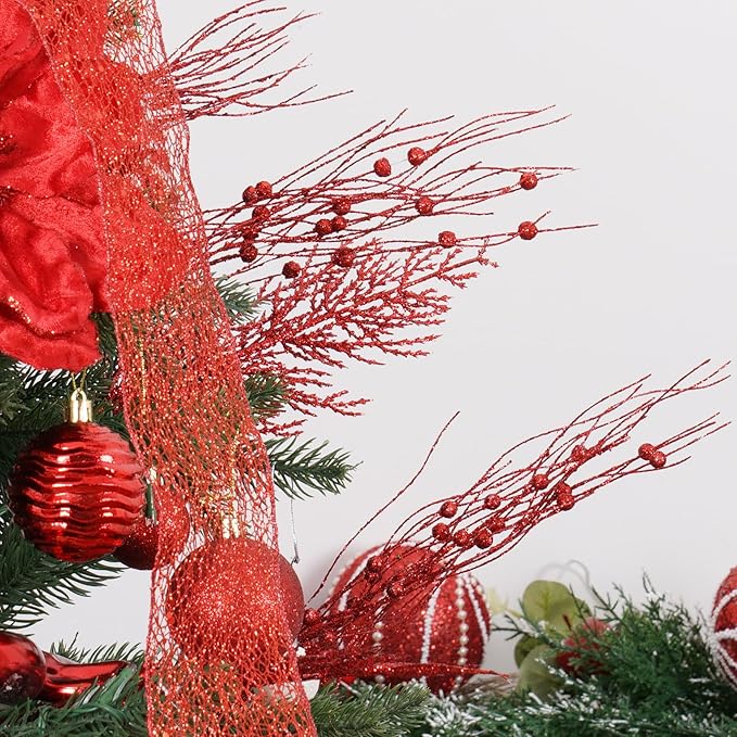 SLK 16-Pack Artificial Glitter Berry Stem Ornaments, Christmas Decorative Glittery Twigs, Picks, Branches for Tree, Wreath, Small Vase, Party (Red)