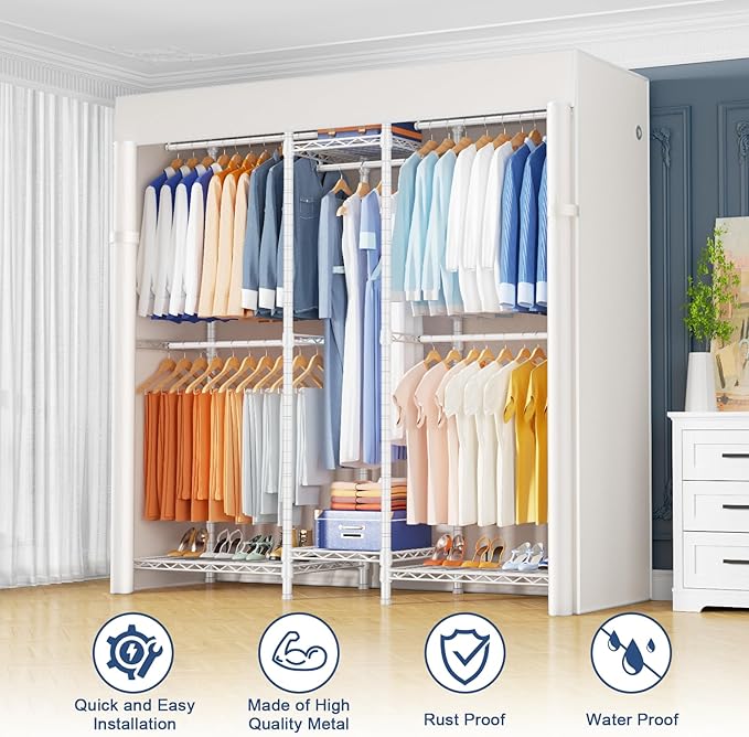 Ulif E12C Heavy Duty Closet Organizer System，Freestanding Clothing Rack, Adjustable Garment Rack 57.1" W x 16" D x 76.5" H Holds 860 lbs, White Clothing Rack with White Dustproof Cover