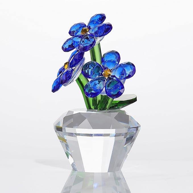 Qianwei Blue Forget Me Not Crystal Flowers - Sympathy Glass Flowers Collectible Figurines Decor Paperweight Ornament Home Office Table Desk Decorations