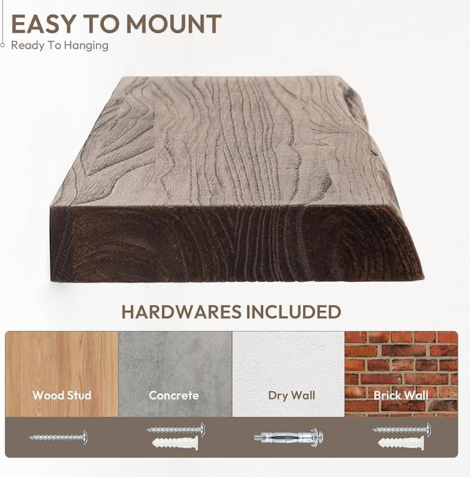 Marsmiles 55 inch Floating Shelves for Wall Elm Wood Live Edge Shelves Wall Mounted|Rustic Long Floating Shelves with Invisible Bracket for Bathroom Living Room Kitchen|Walnut, 1 Pack