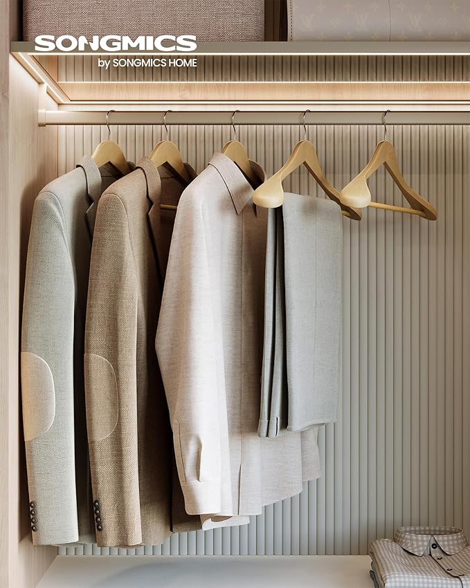 SONGMICS Extra Wide Wooden Suit Hangers, Set of 10 Clothes Hangers, Swivel Hooks, Non-Slip Bars, for Outfits, Suits, Coats, Shirts, Dresses, Natural Color UCRW050KZ02